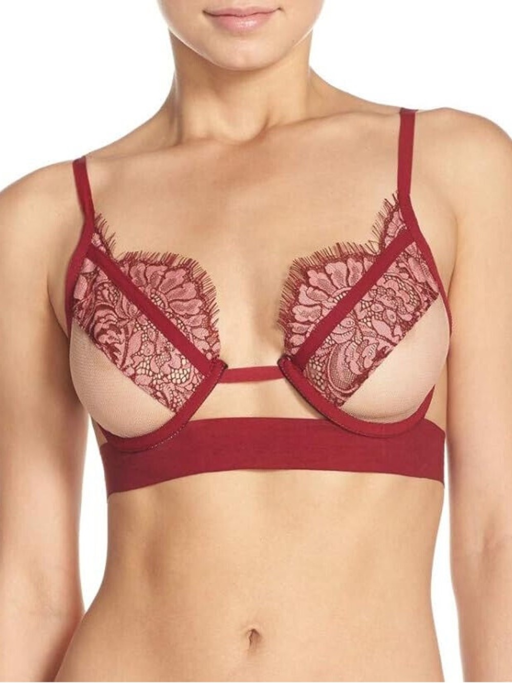 For Love & Lemons Wine Lace Underwire Bra | Burgundy | Size S
